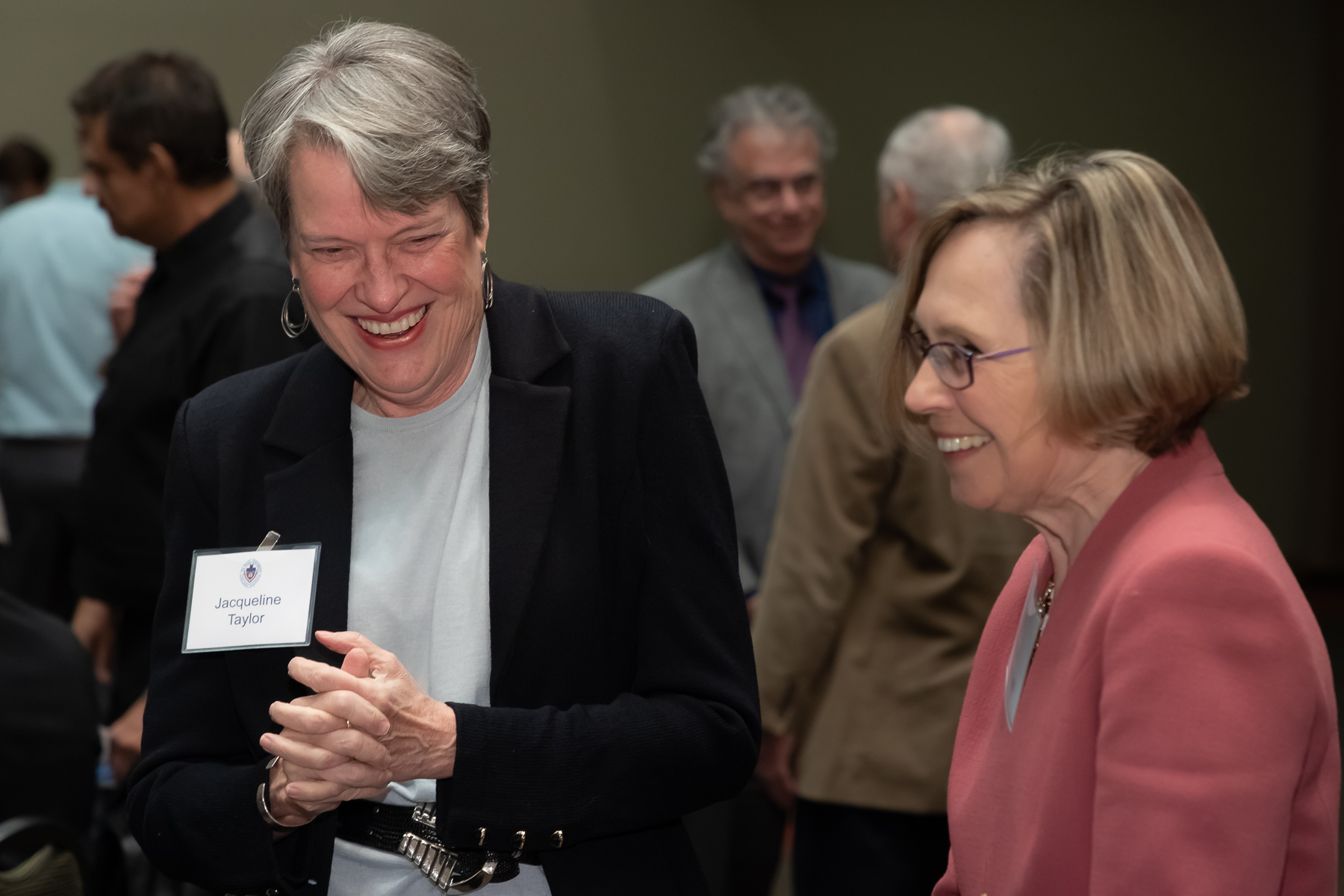 Jacqueline Taylor, former dean of the College of Communication, left, talks with fellow honorees as DePaul University faculty and staff members are honored for their 25 years of service during a luncheon, Tuesday, Nov. 13, 2018, at the Lincoln Park Student Center. The honorees were recognized by A. Gabriel Esteban, Ph.D., president of DePaul, and will have their names added to plaques located on the Loop and Lincoln Park Campuses. (DePaul University/Jeff Carrion)